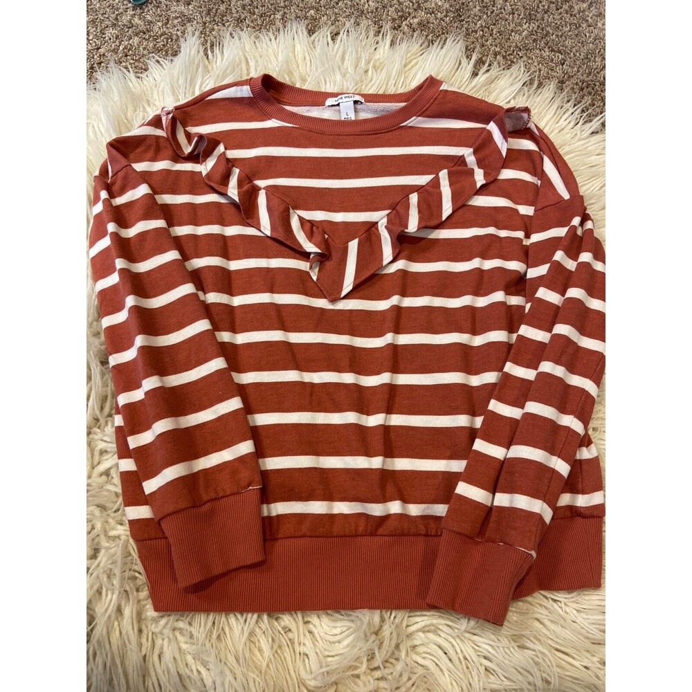 Large Nine West brand V design orange striped ruffle sweater sweatshirt material